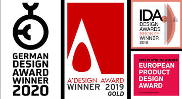 Logos for the German Design Award 2020, A Design Award 2019, IDA Design Award 2018, and European Product Design Award. All awarded to the Norlan Whisky Glass.