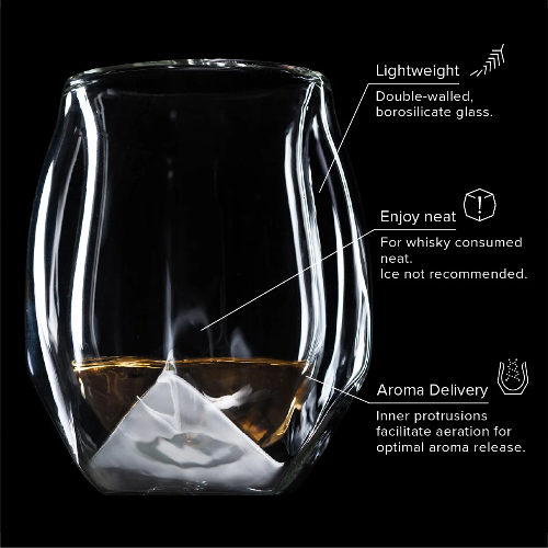 Lightweight double-walled whiskey glass for enjoying fine spirits neat, superior aroma delivery