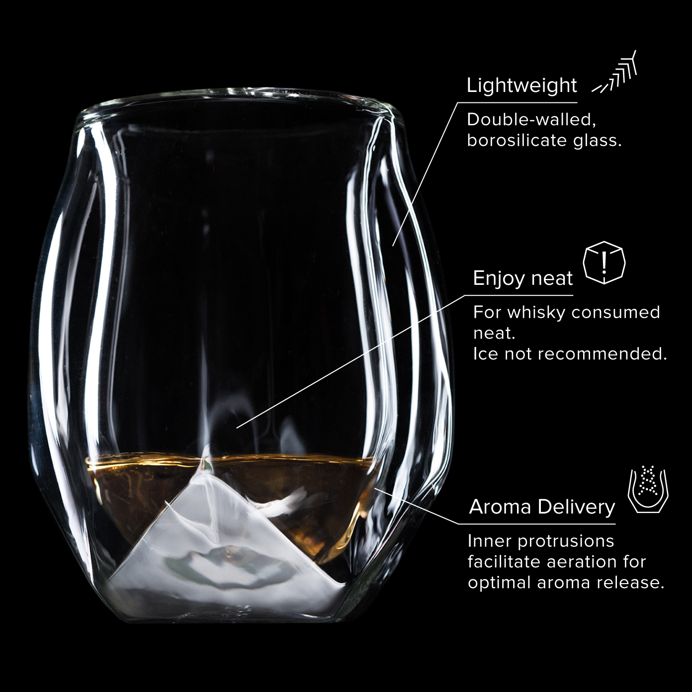 A lightweight, double-walled borosilicate whisky glass for enjoying whiskey neat