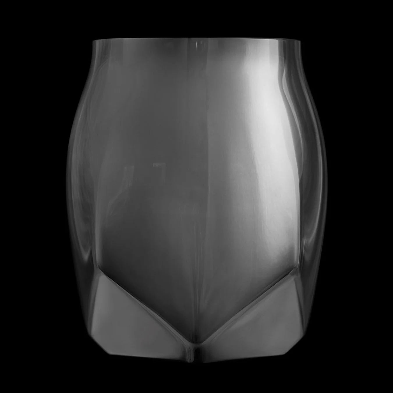 Side view of black polished steel double-walled tasting glass with elegant faceted edges