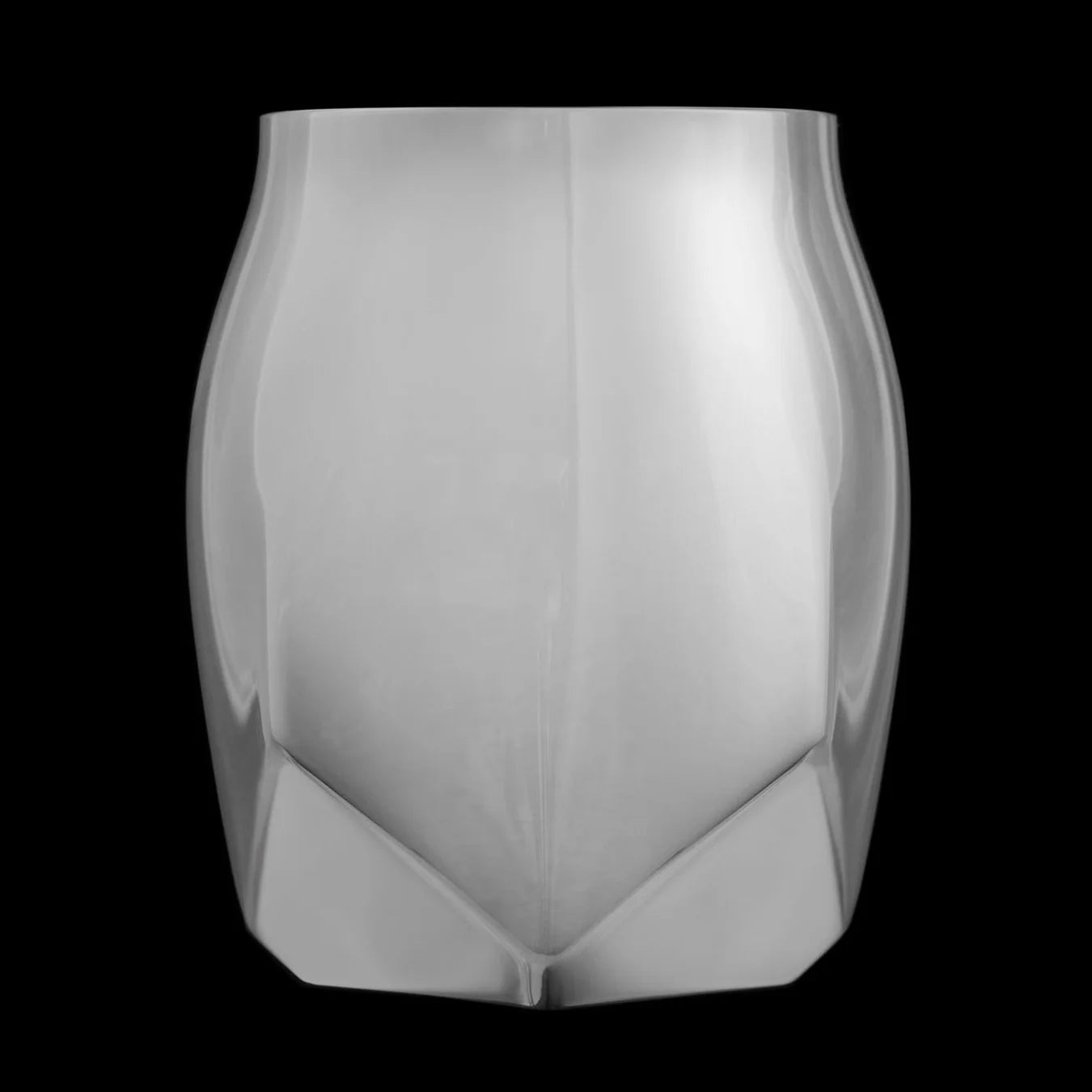 Side view of the double-walled steel tasting glass, showing the faceted design that blends into a round mouthrim