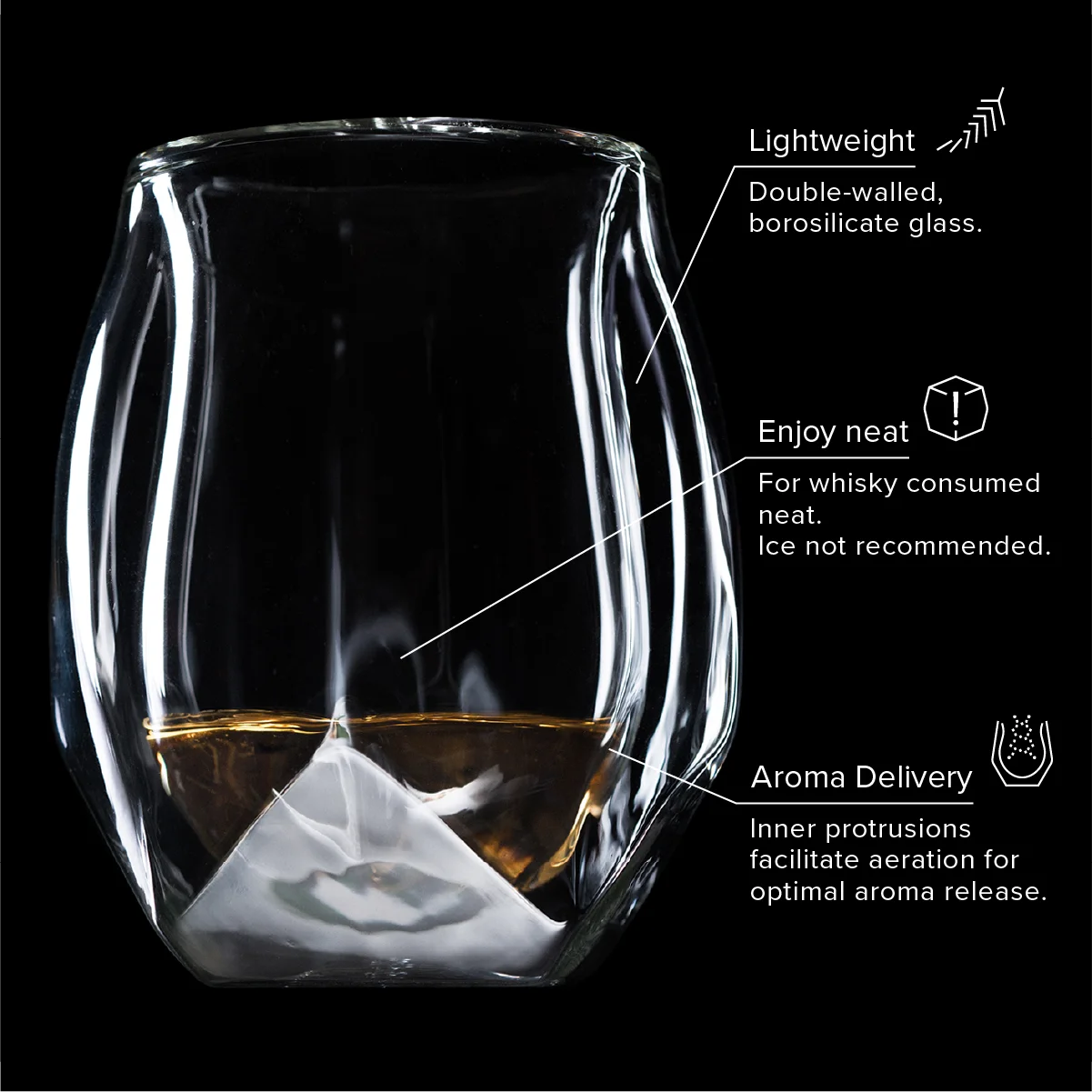 Lightweight double-walled whiskey glass for enjoying fine spirits neat, superior aroma delivery 