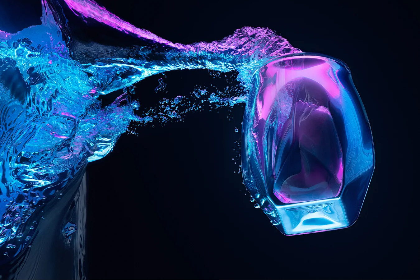 visual of the norlan whisky glass floating in a pool of water after being plunged showing the pathway in a visual array of trailing bubbles and highlighted in a neaon blue violet setting