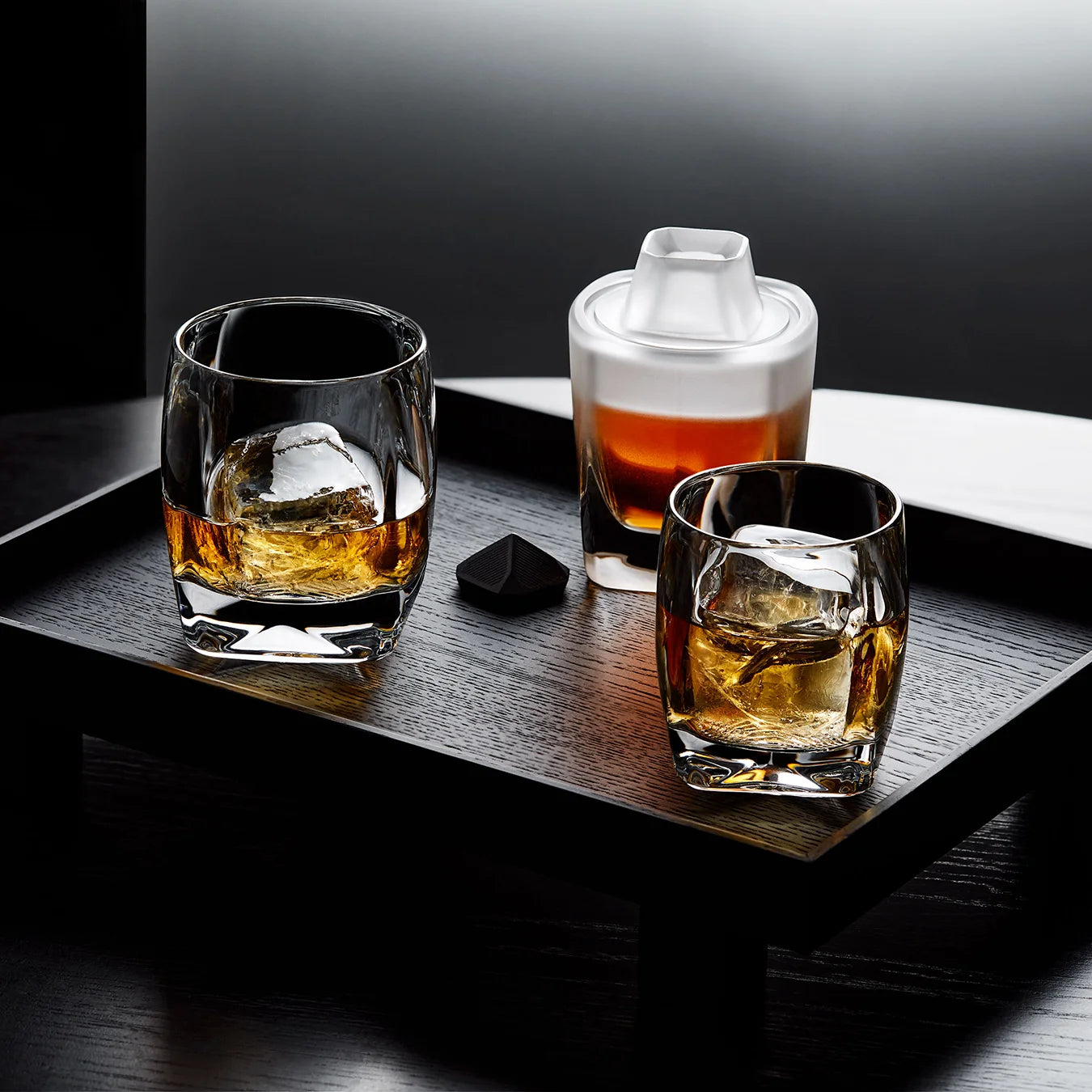 Rauk Heavy Tumblers available in single or double old fashioned sizes, shown with the Nyht Whisky Decanter